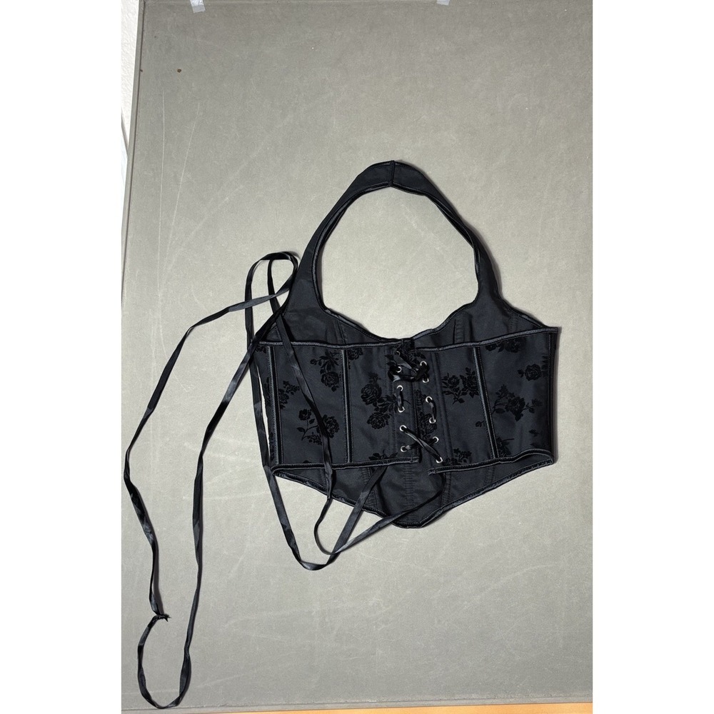 Black Floral Corset Halter Top Lace Up Bustier Goth Coquette Size L - Picture 2 of 3